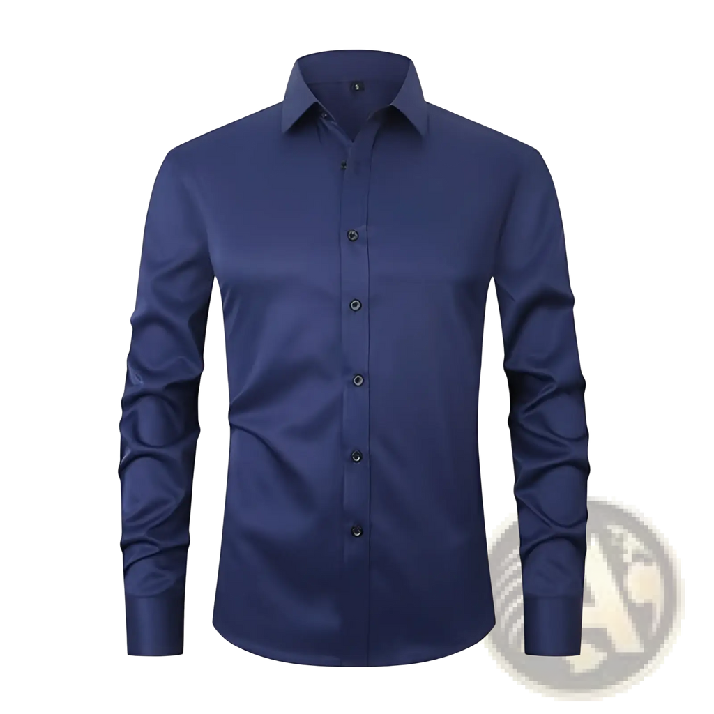 Men’s navy blue slim fit stretch satin long sleeve dress shirt with tailored fit and subtle sheen