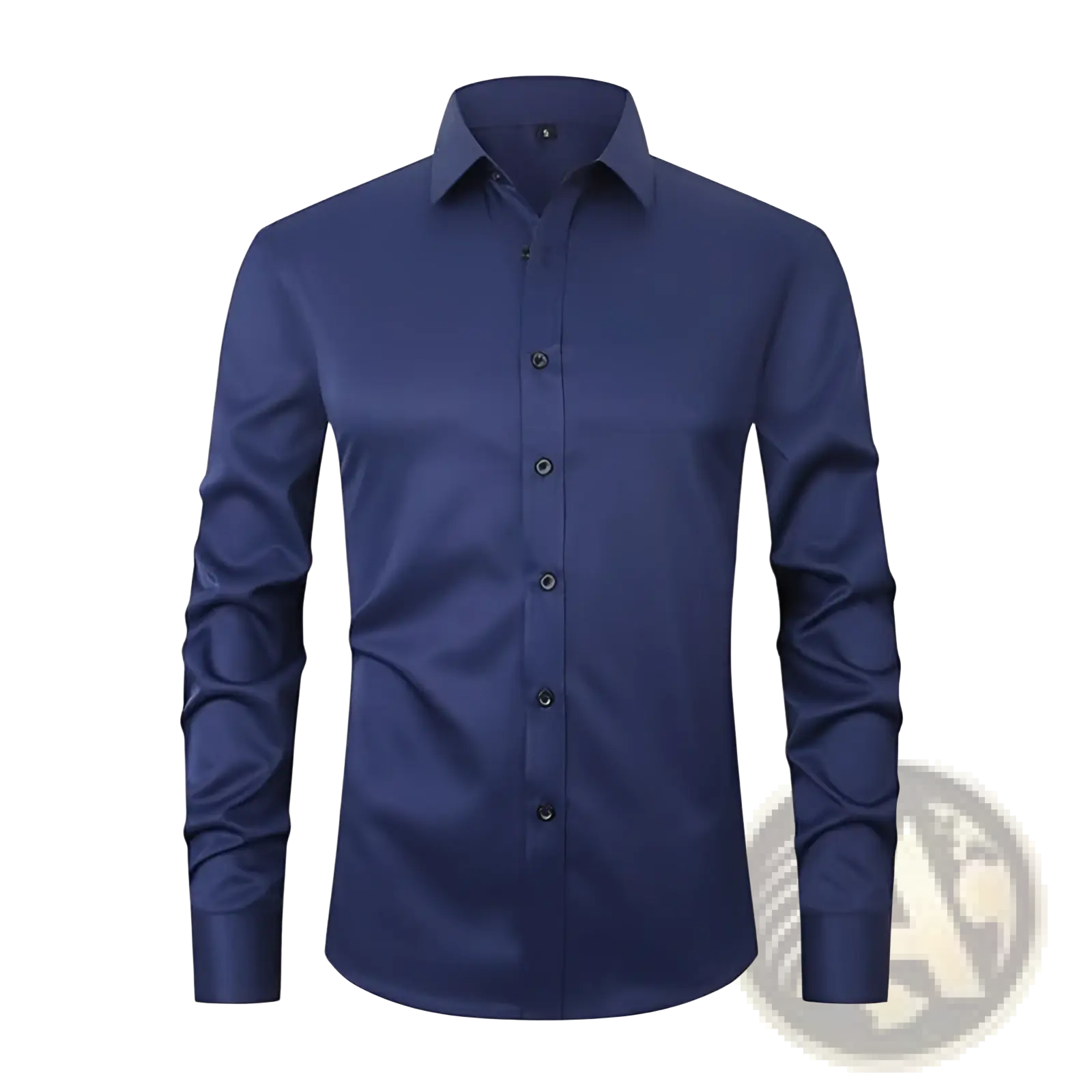 Men’s navy blue slim fit stretch satin long sleeve dress shirt with tailored fit and subtle sheen
