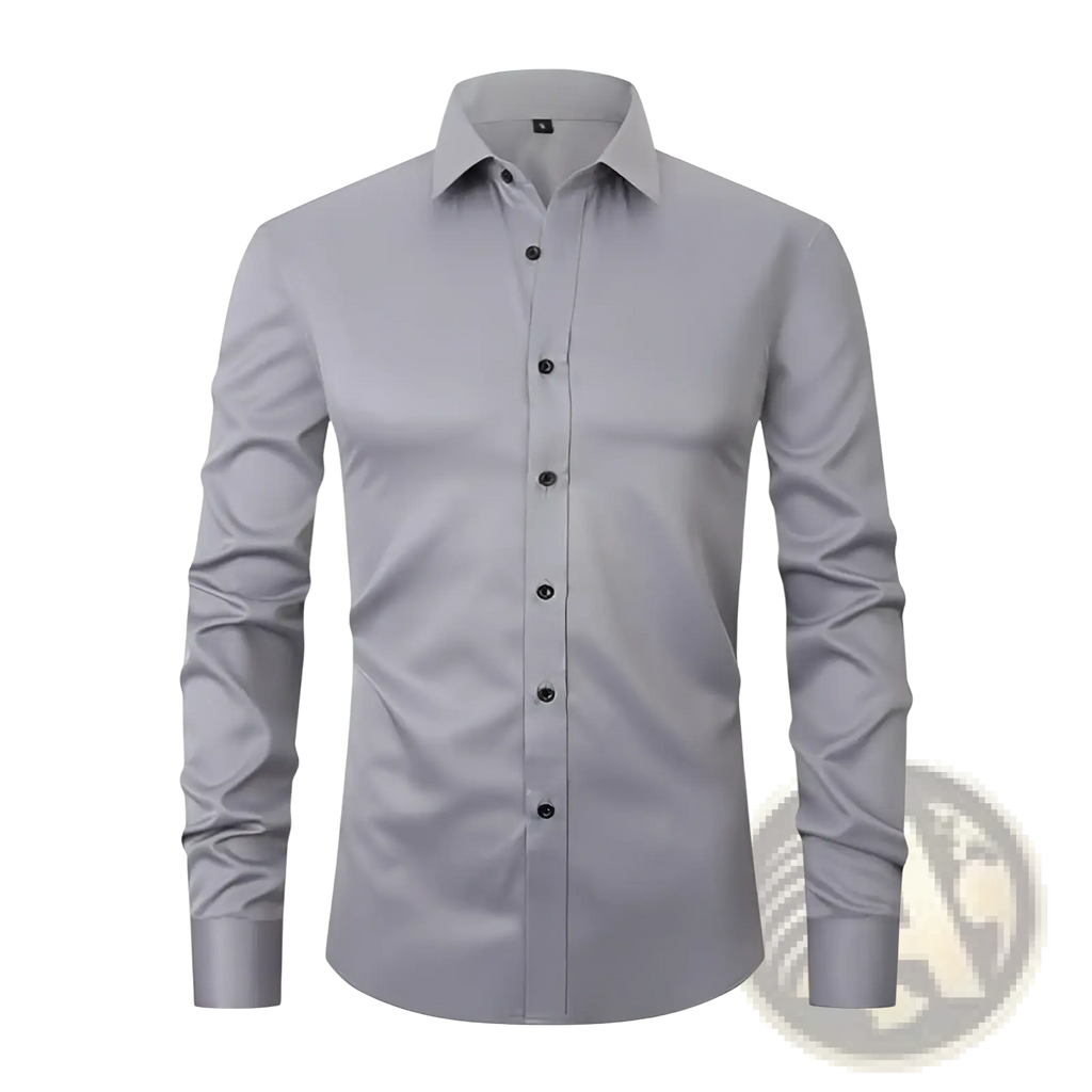 Men’s slim fit stretch satin long sleeve dress shirt in light gray with crisp collar and black buttons