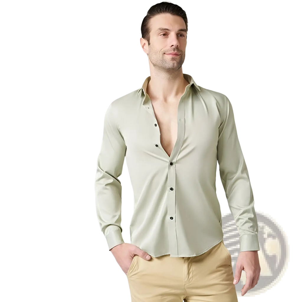Men’s slim fit stretch satin long sleeve dress shirt in light sage green with a subtle sheen and classic collar