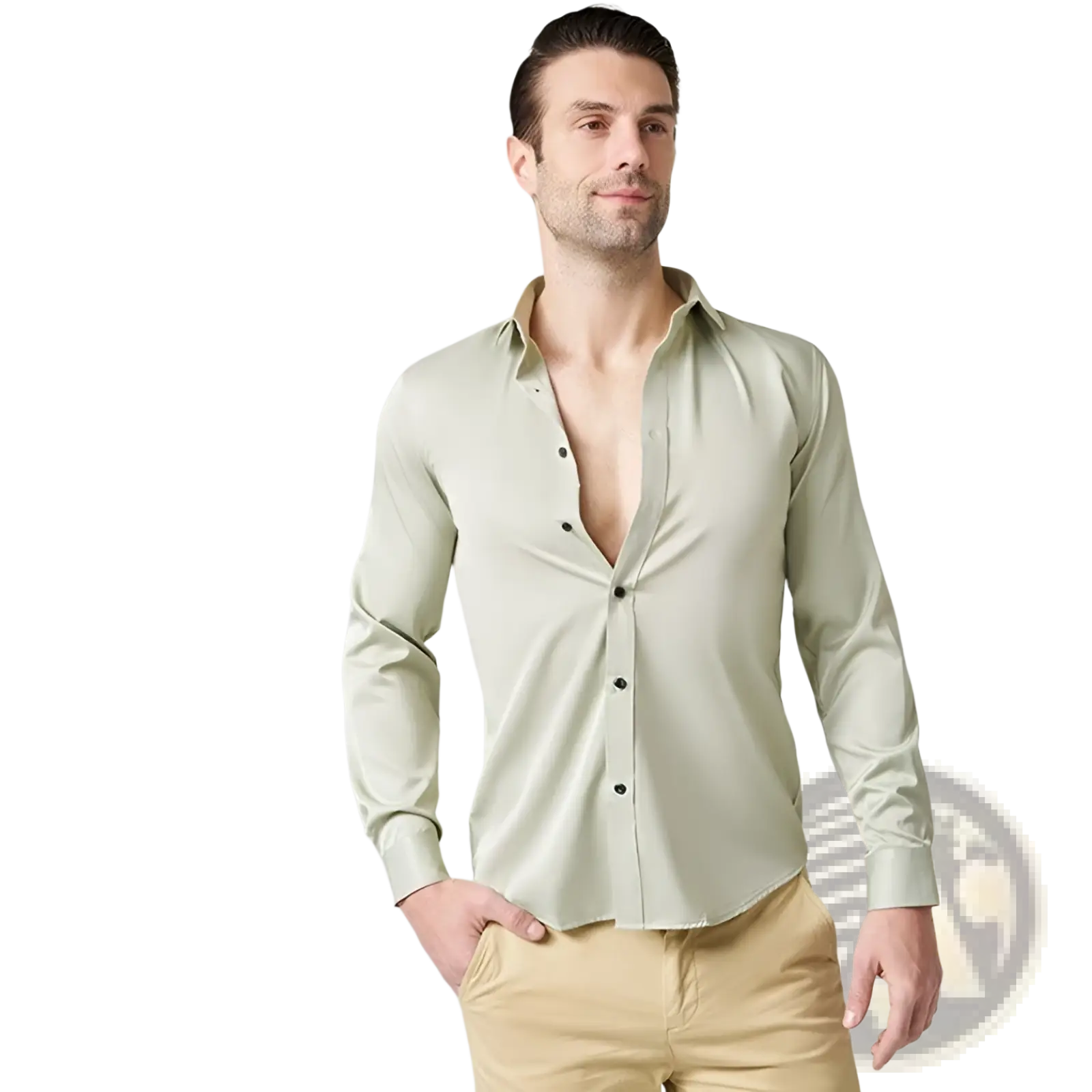 Men’s slim fit stretch satin long sleeve dress shirt in light sage green with a subtle sheen and classic collar