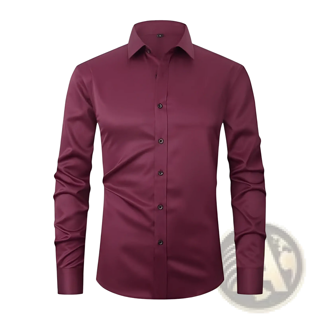 Men’s slim fit stretch satin long sleeve dress shirt in rich burgundy with smooth finish and button-down collar