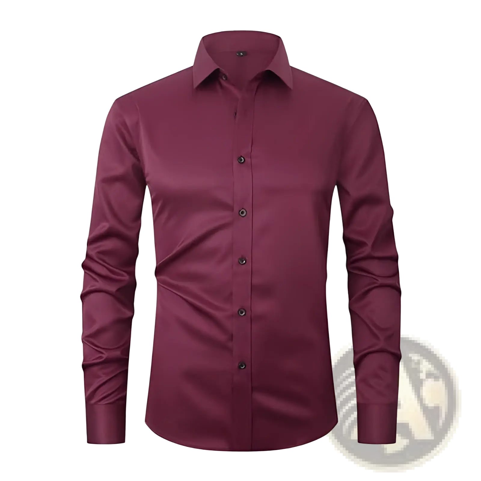 Men’s slim fit stretch satin long sleeve dress shirt in rich burgundy with smooth finish and button-down collar