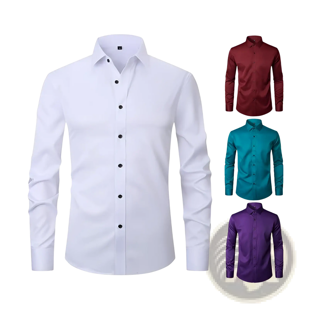 Men’s slim fit stretch satin long sleeve white dress shirt with black buttons and classic collar front view