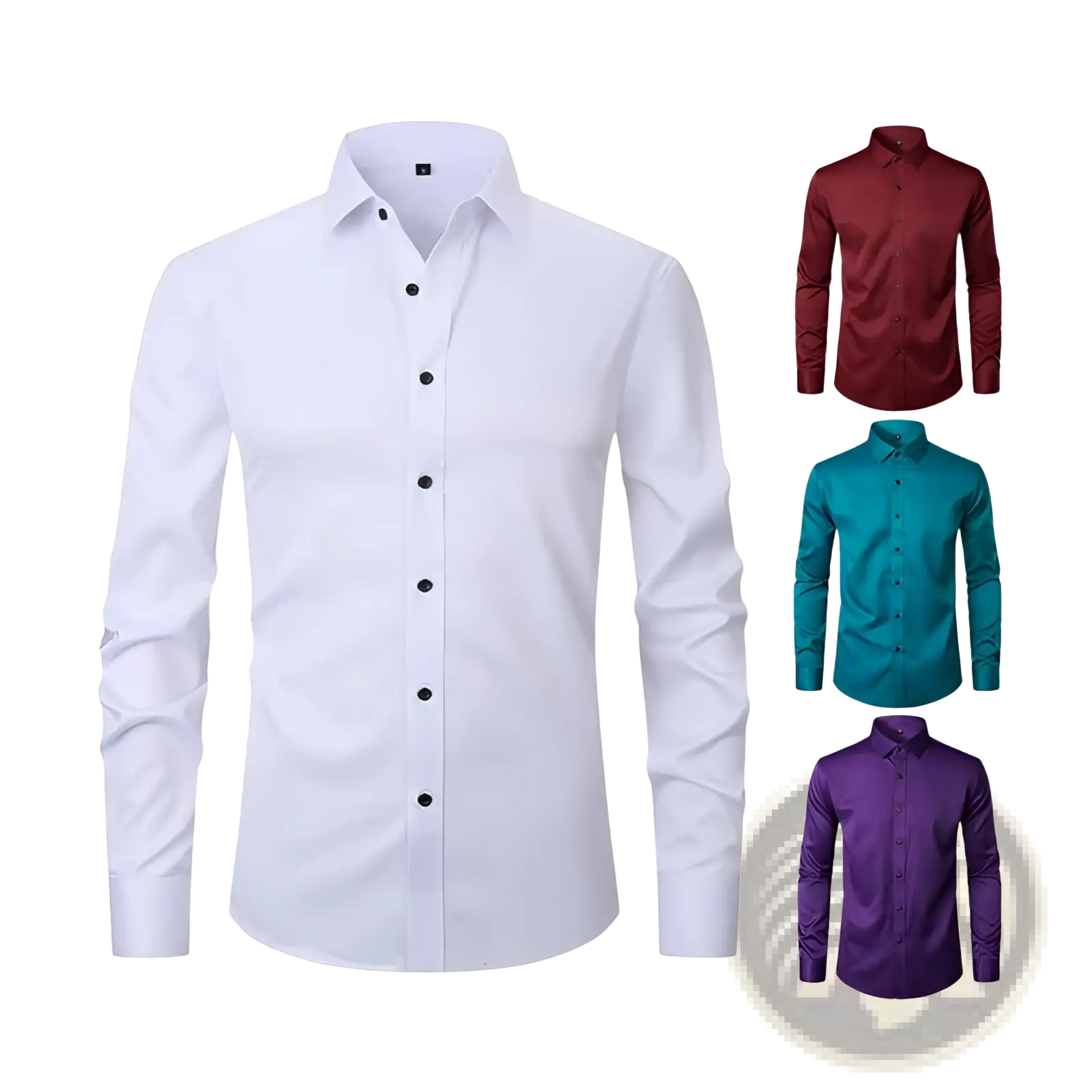Men’s slim fit stretch satin long sleeve white dress shirt with black buttons and classic collar front view