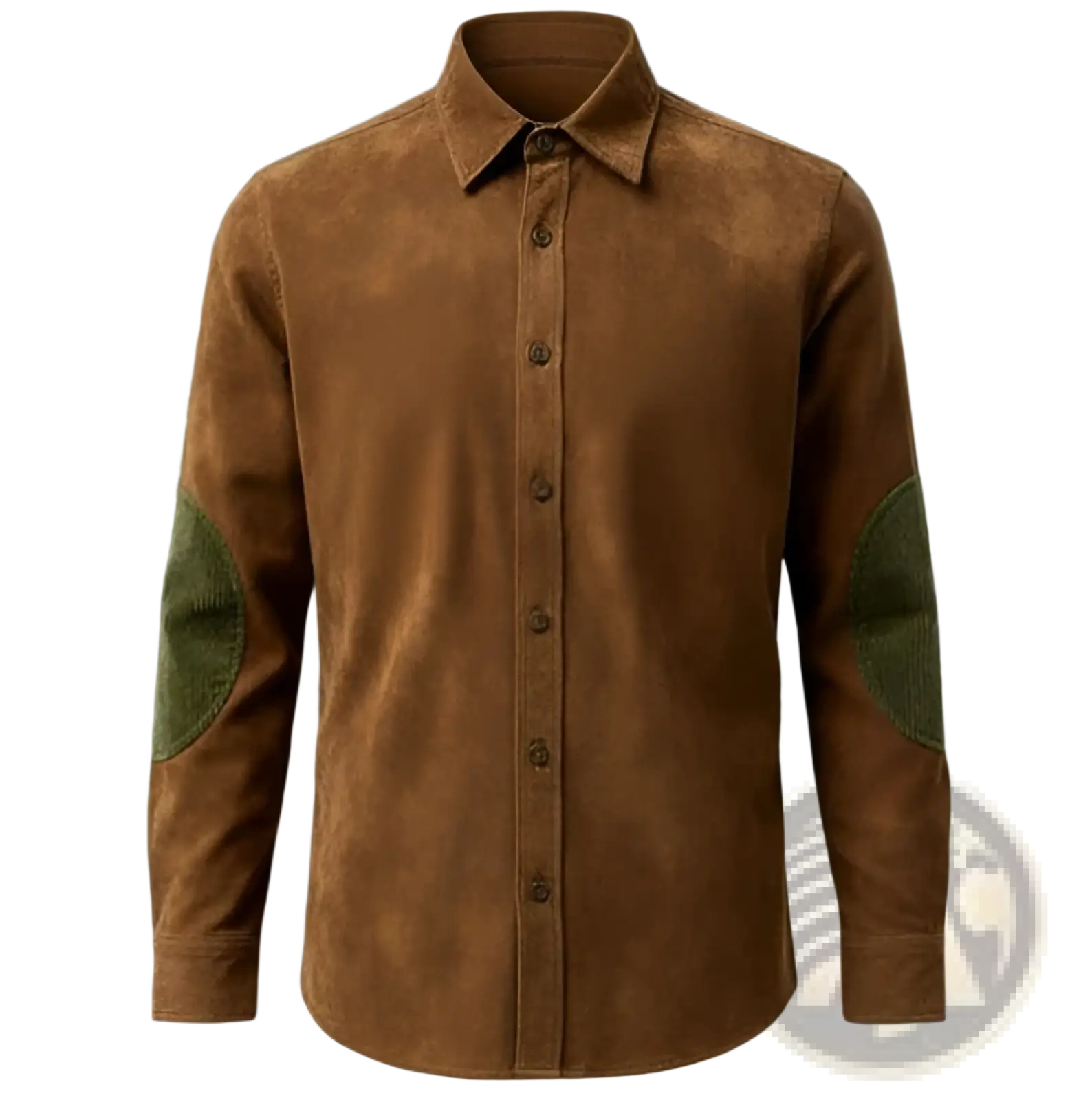 Men’s slim fit stretch satin long sleeve dress shirt in brown suede with green patchwork elbow pads
