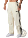 Men’s slim fit athletic track pants in cream color with black side stripes and Youngla logo on the left thigh