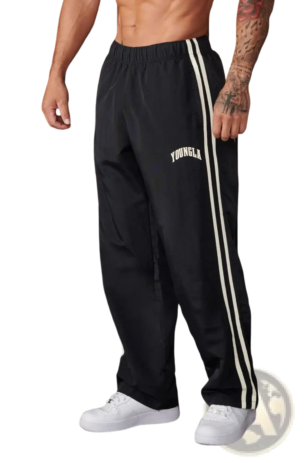 Men’s slim fit black athletic track pants with white side stripes and YoungLA logo embroidered on left thigh