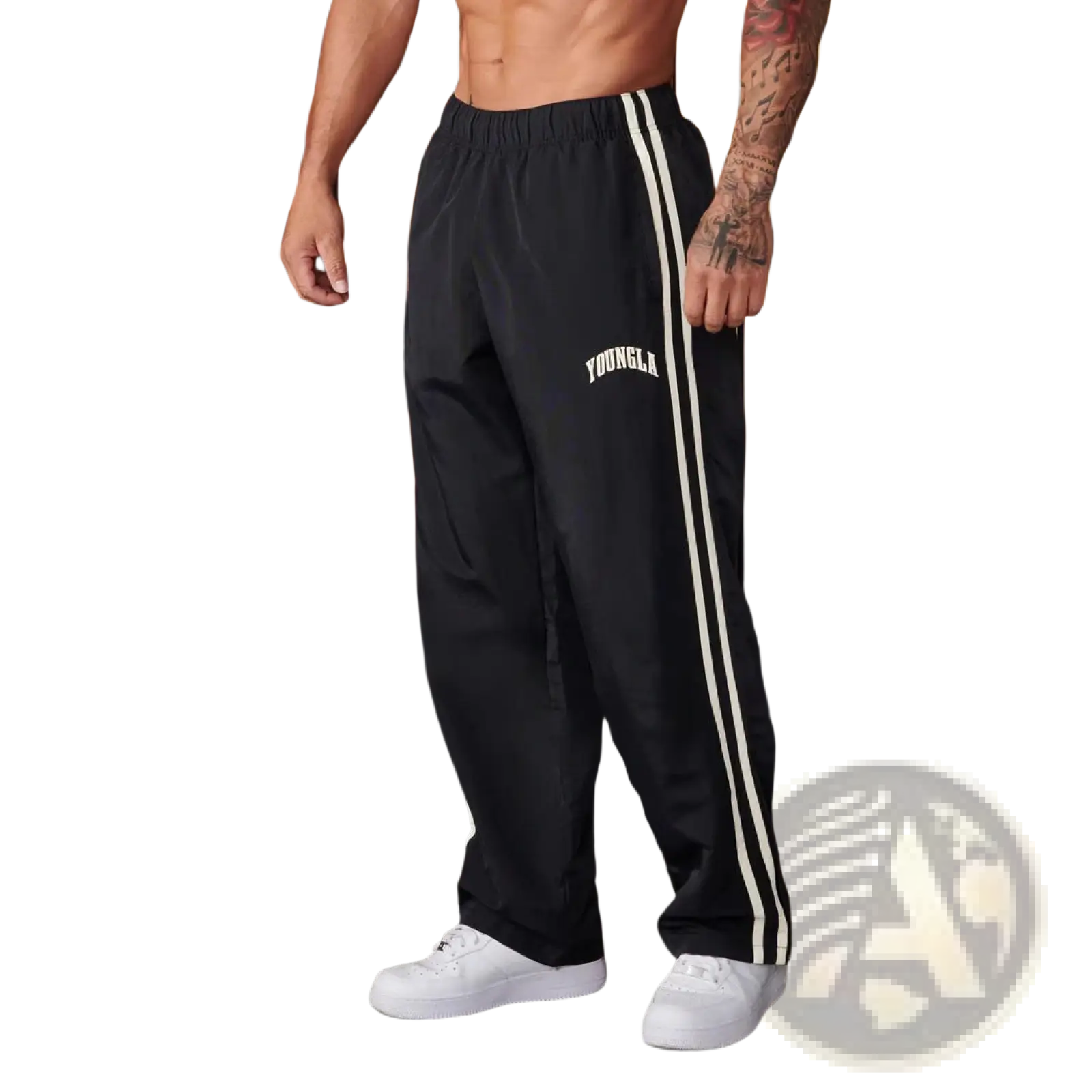 Men’s slim fit black athletic track pants with white side stripes and branded logo on the thigh