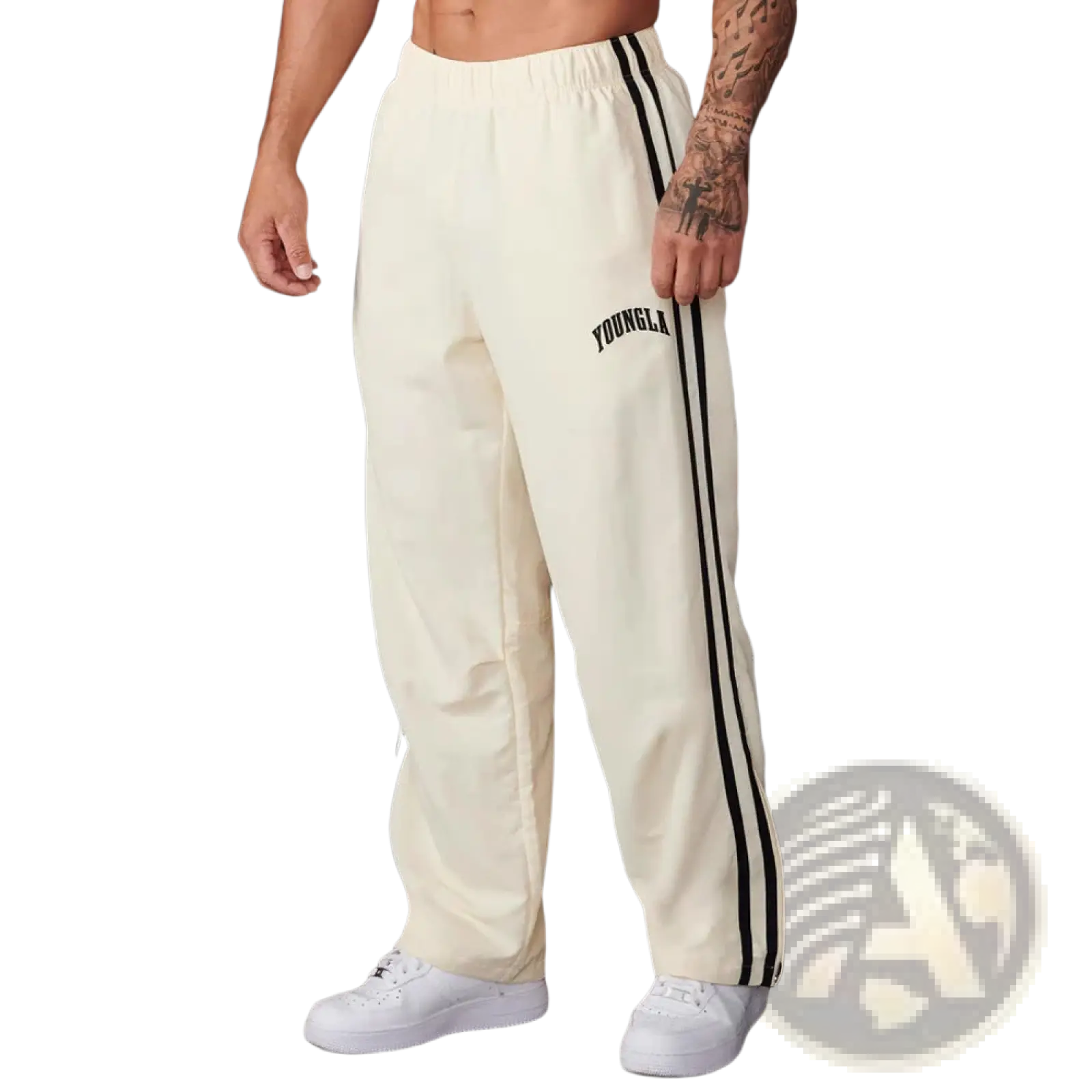 Men’s slim fit cream-colored track pants with black side stripes and YoungLA logo embroidered on the thigh