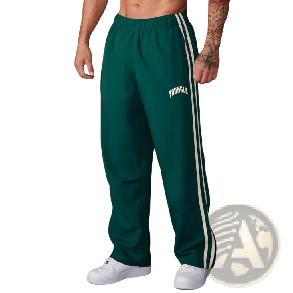 Men’s slim fit deep green athletic track pants with white side stripes and YoungLA logo embroidery on thigh