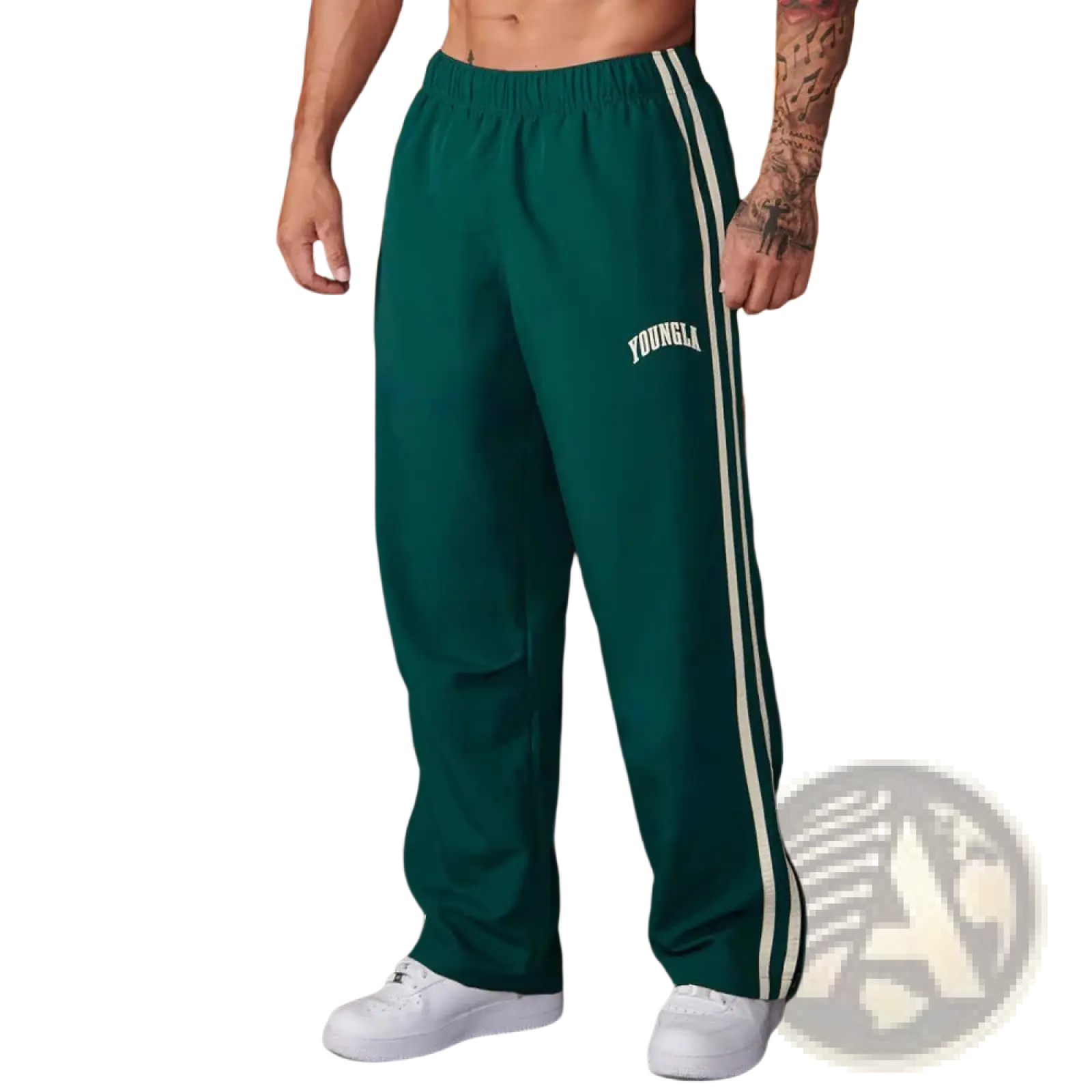 Men’s slim fit deep green athletic track pants with white side stripes and YoungLA logo embroidery on thigh