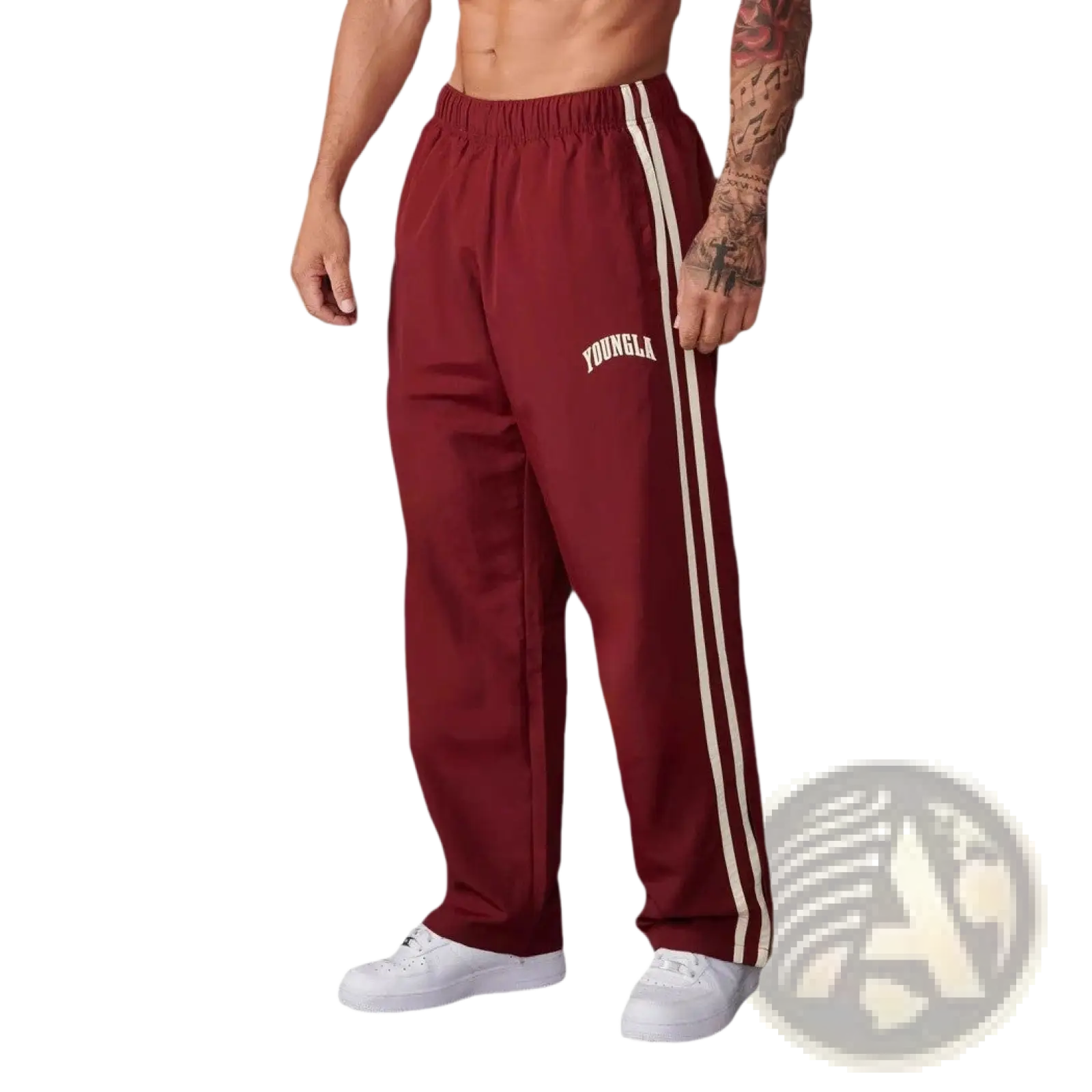 Men’s slim fit maroon athletic track pants with white side stripes and YoungLA logo embroidered on thigh