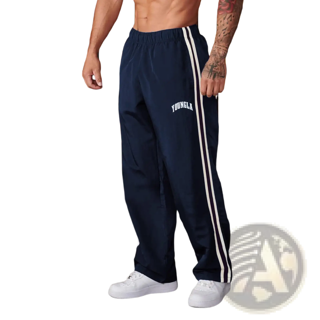 Men’s slim fit navy blue track pants with white and black side stripes and YoungLA logo on left thigh