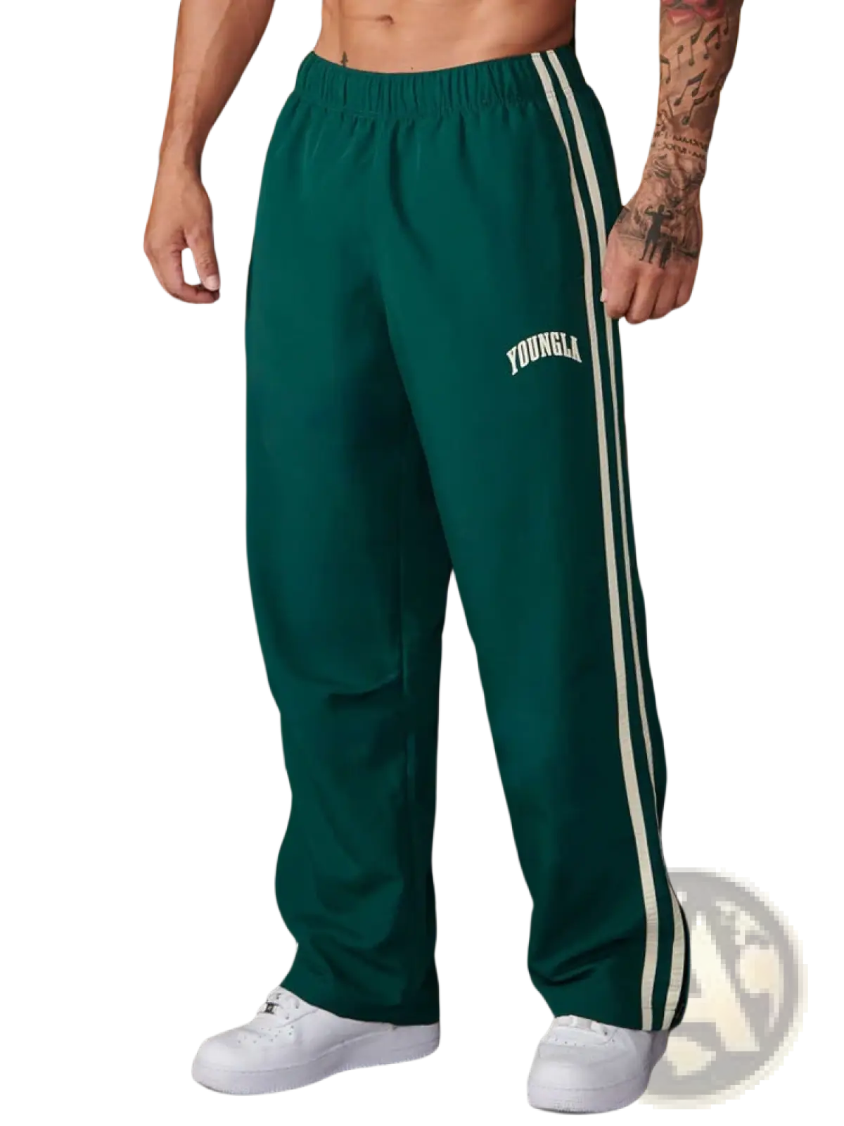 Men’s slim fit deep green athletic track pants with white side stripes and YoungLA logo embroidered on thigh