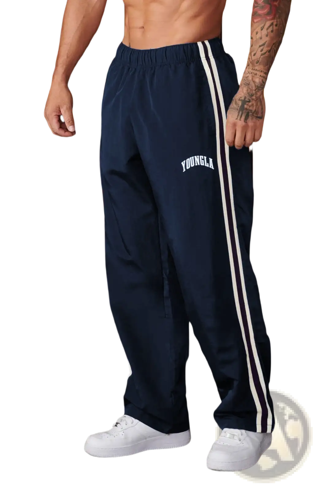 Men’s navy blue slim fit athletic track pants with white side stripes and YoungLA logo embroidered on left thigh