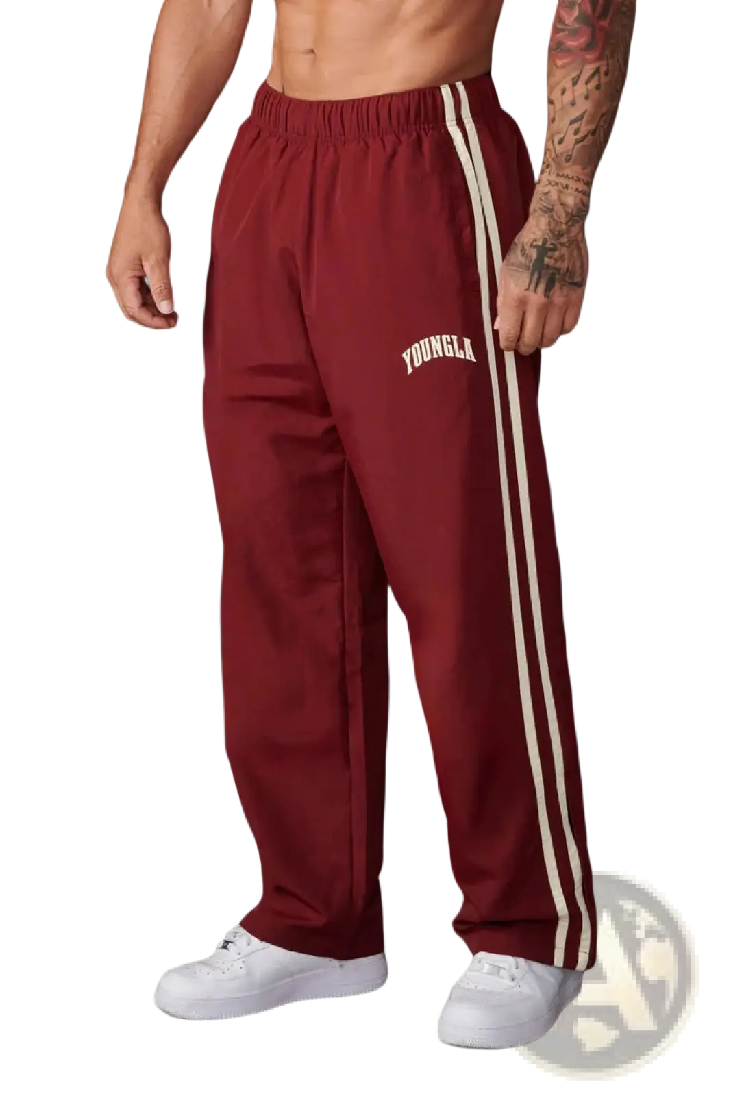 Men’s slim fit maroon athletic track pants with white side stripes and youngla logo embroidered on the thigh