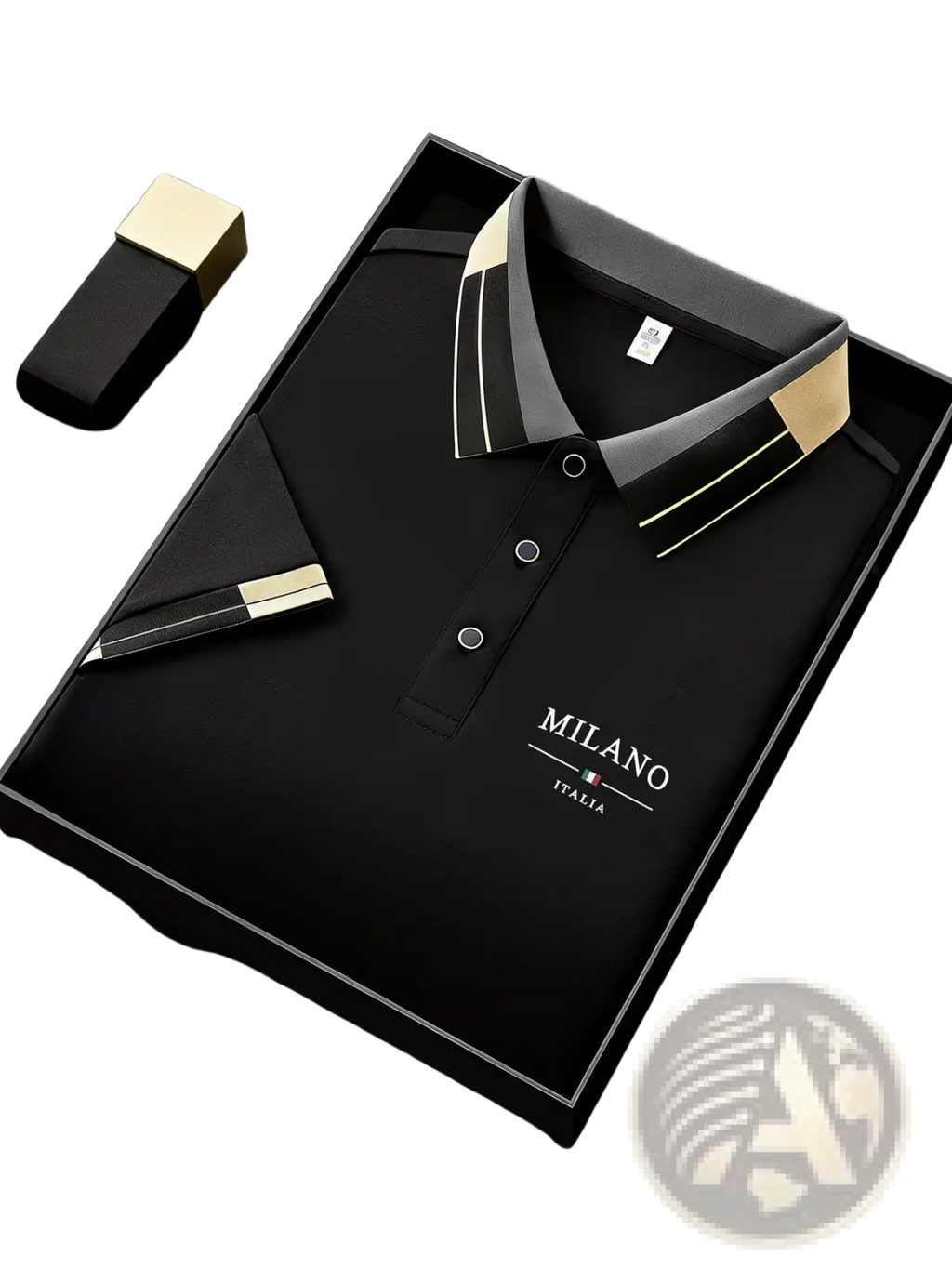 Mens slim fit black milan italia polo shirt with gold and gray collar accents and subtle embroidered logo