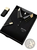 Mens slim fit black milan italia polo shirt with gold and gray collar accents and subtle embroidered logo