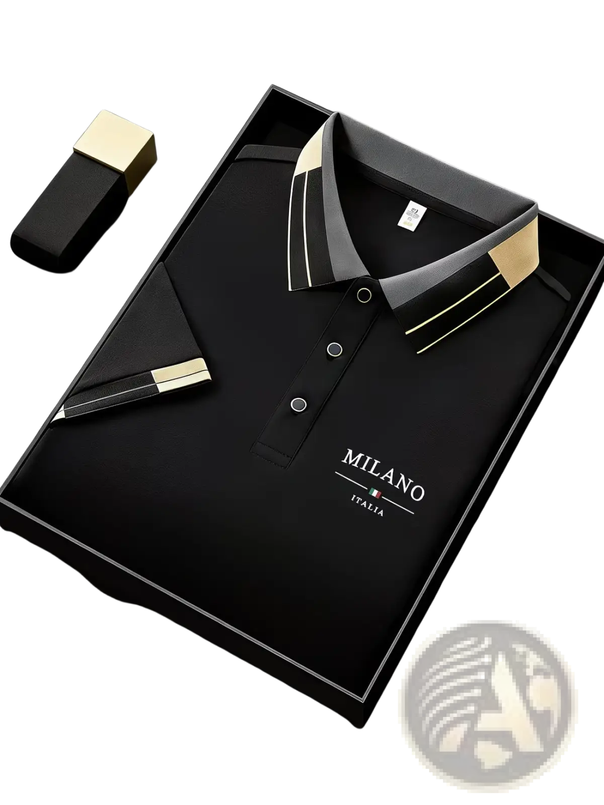 Mens slim fit black milan italia polo shirt with gold and gray collar accents and subtle embroidered logo