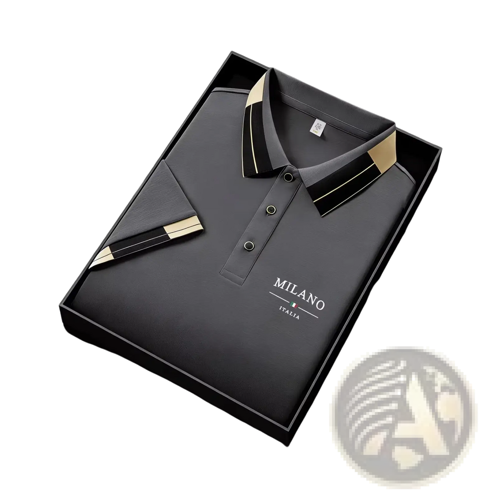 Mens slim fit black polo shirt with gold and black striped collar and milano italia logo on chest