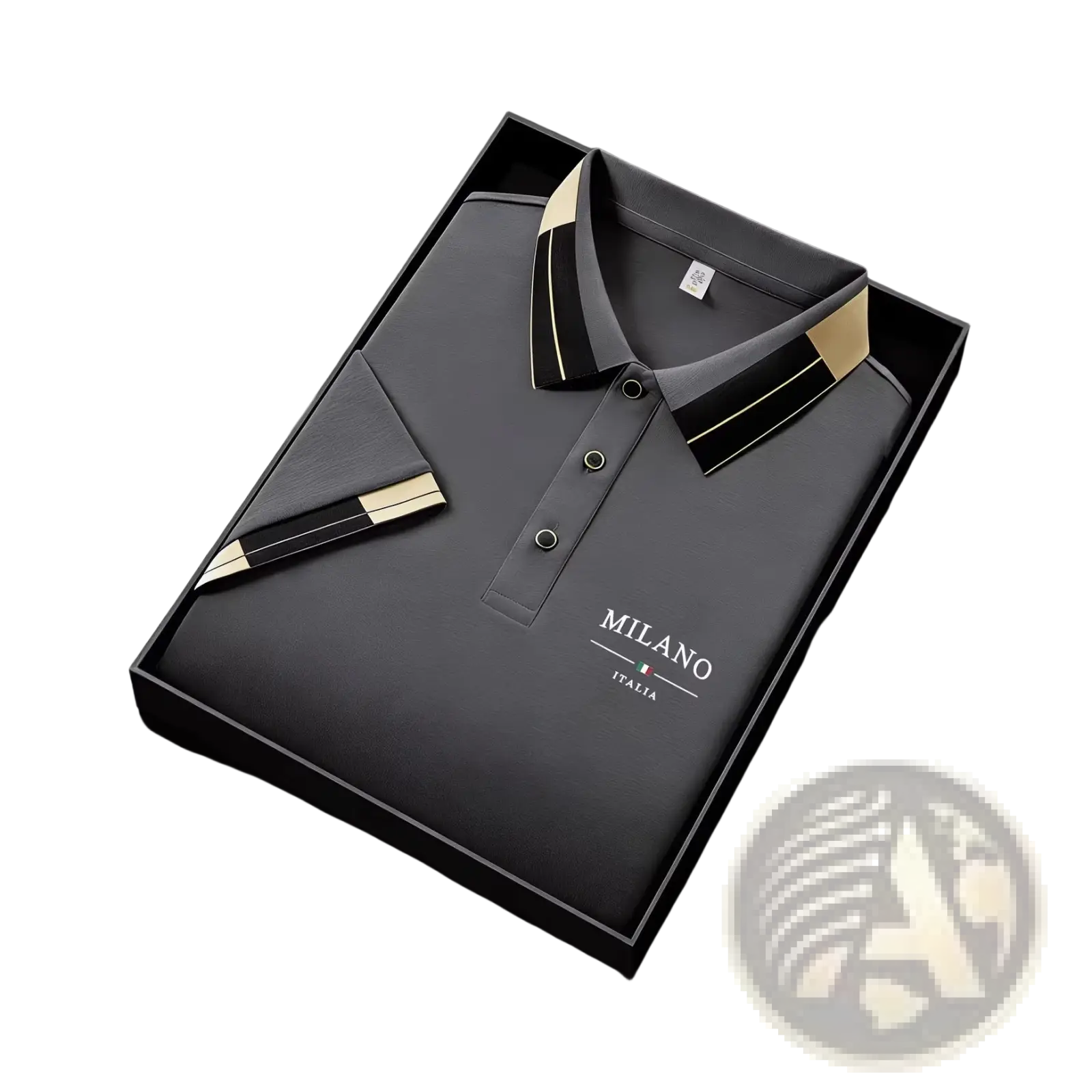 Mens slim fit black polo shirt with gold and black striped collar and milano italia logo on chest