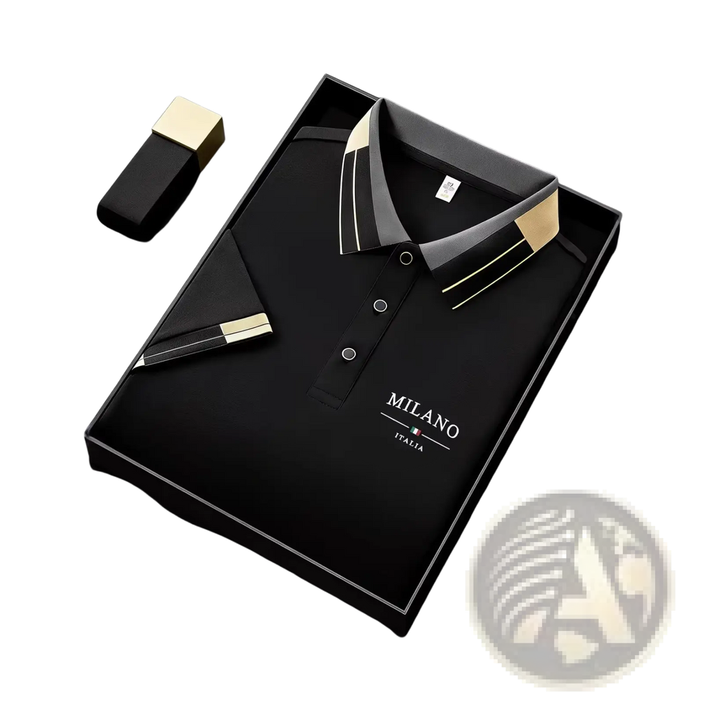 Mens slim fit striped polo shirt in black milano italia with gold and white trim details for a stylish look