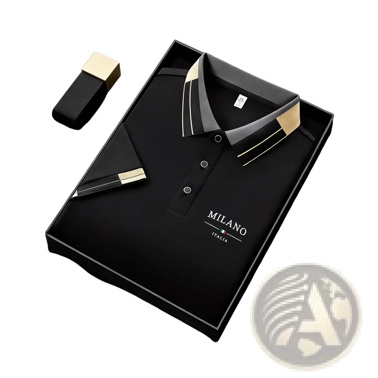 Mens slim fit striped polo shirt in black milano italia with gold and white trim details for a stylish look