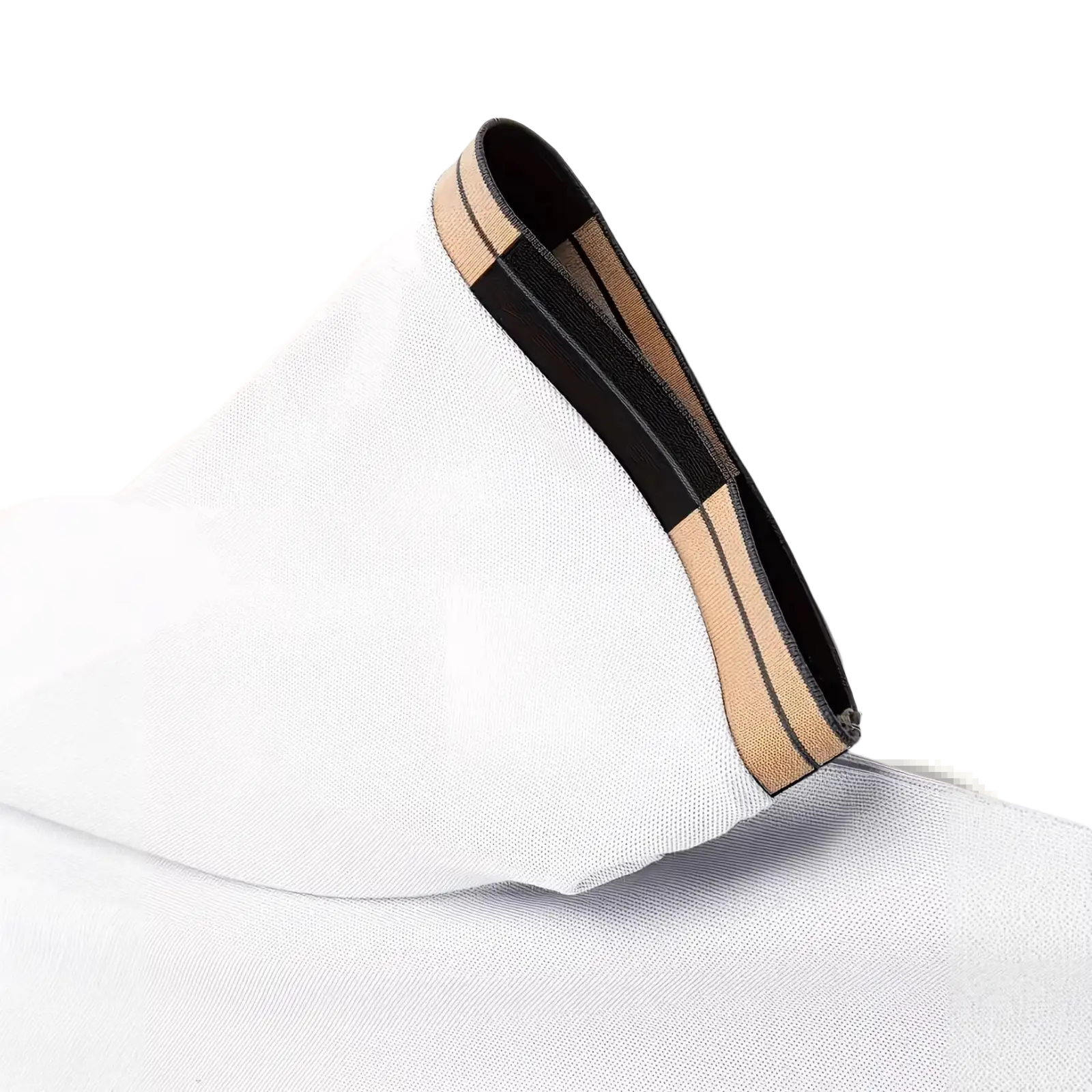 Mens slim fit striped polo shirt featuring white mesh fabric with a black and beige striped elastic edge