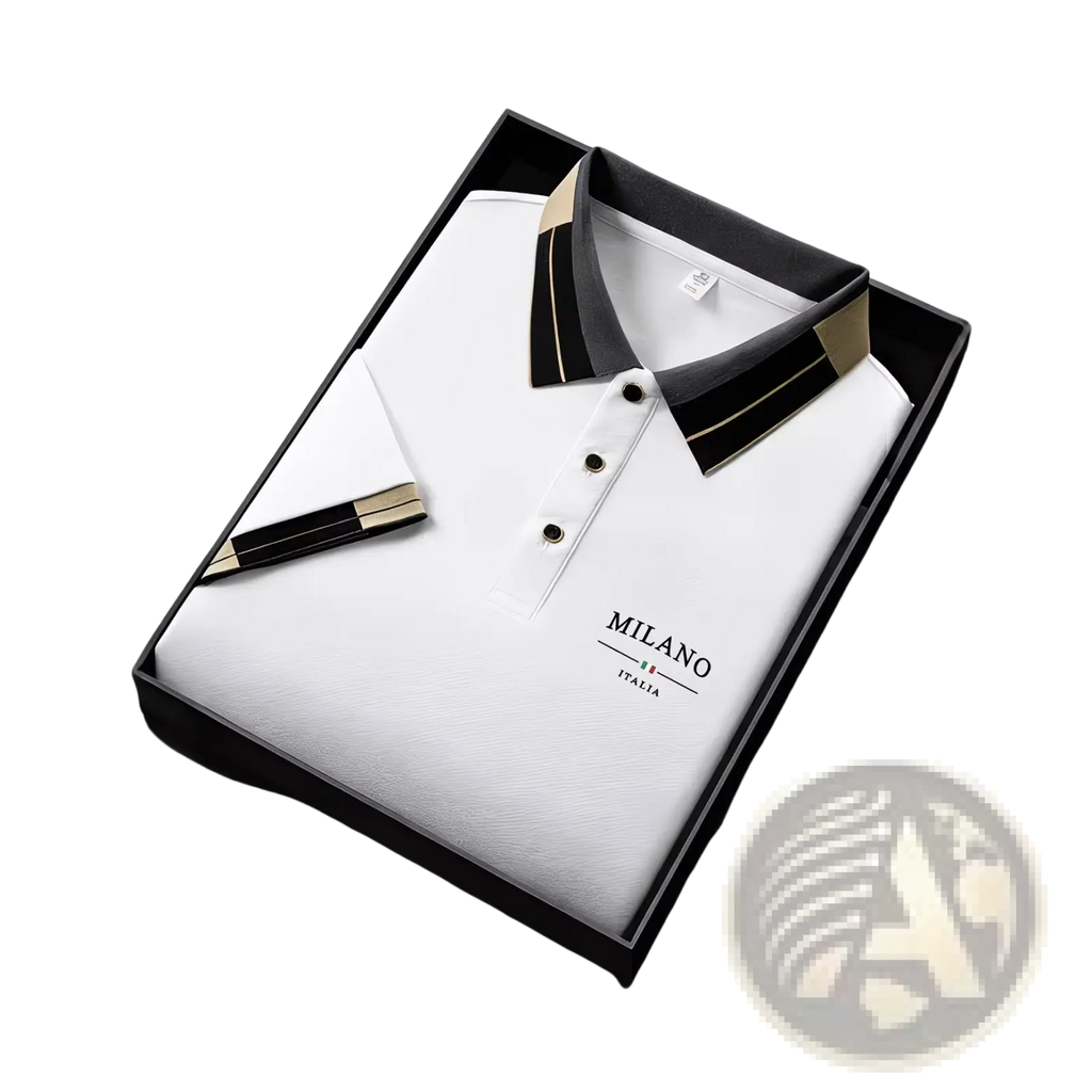 Mens slim fit striped polo shirt in white Milano Italia with black and gold collar trim and subtle textured fabric
