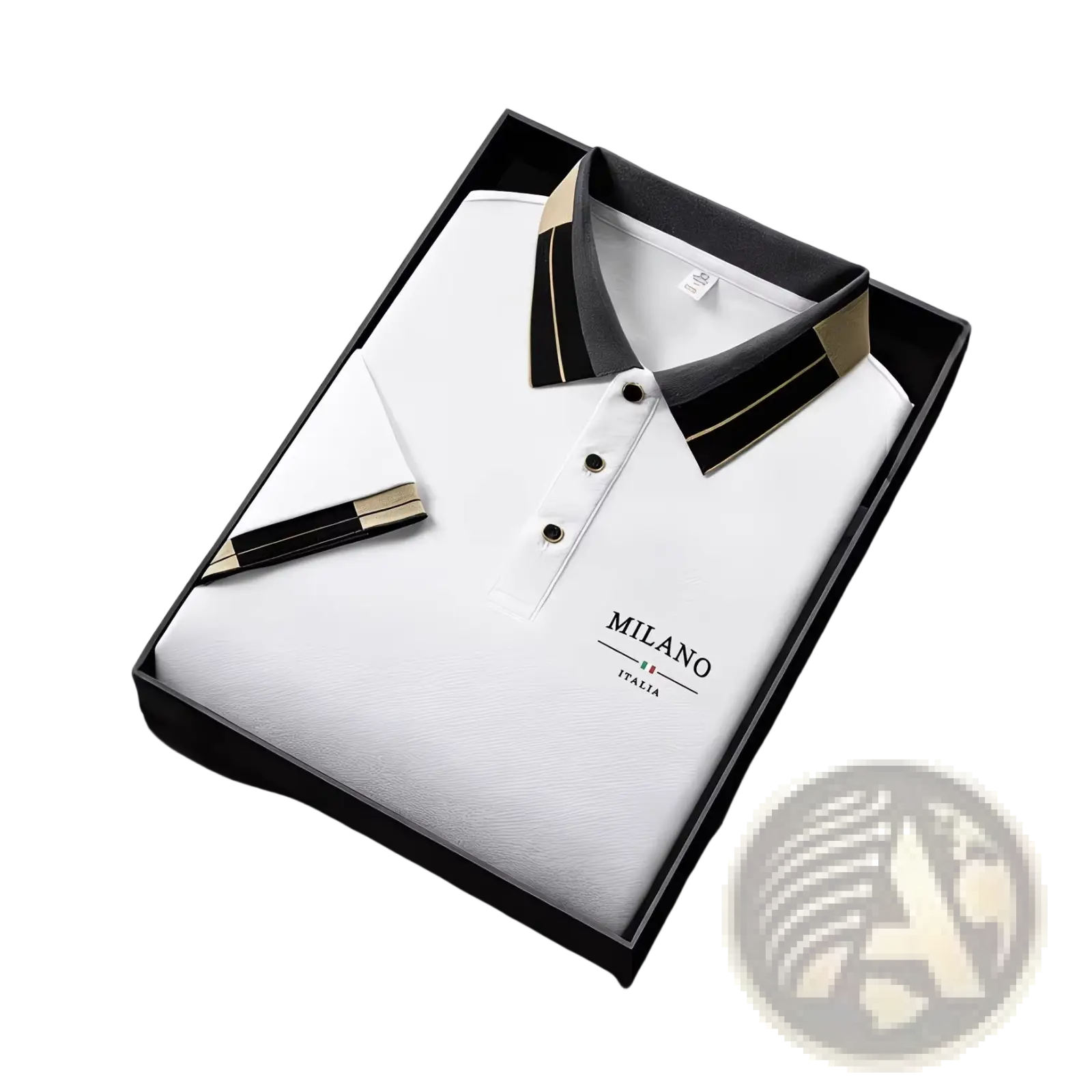 Mens slim fit striped polo shirt in white Milano Italia with black and gold collar trim and subtle textured fabric