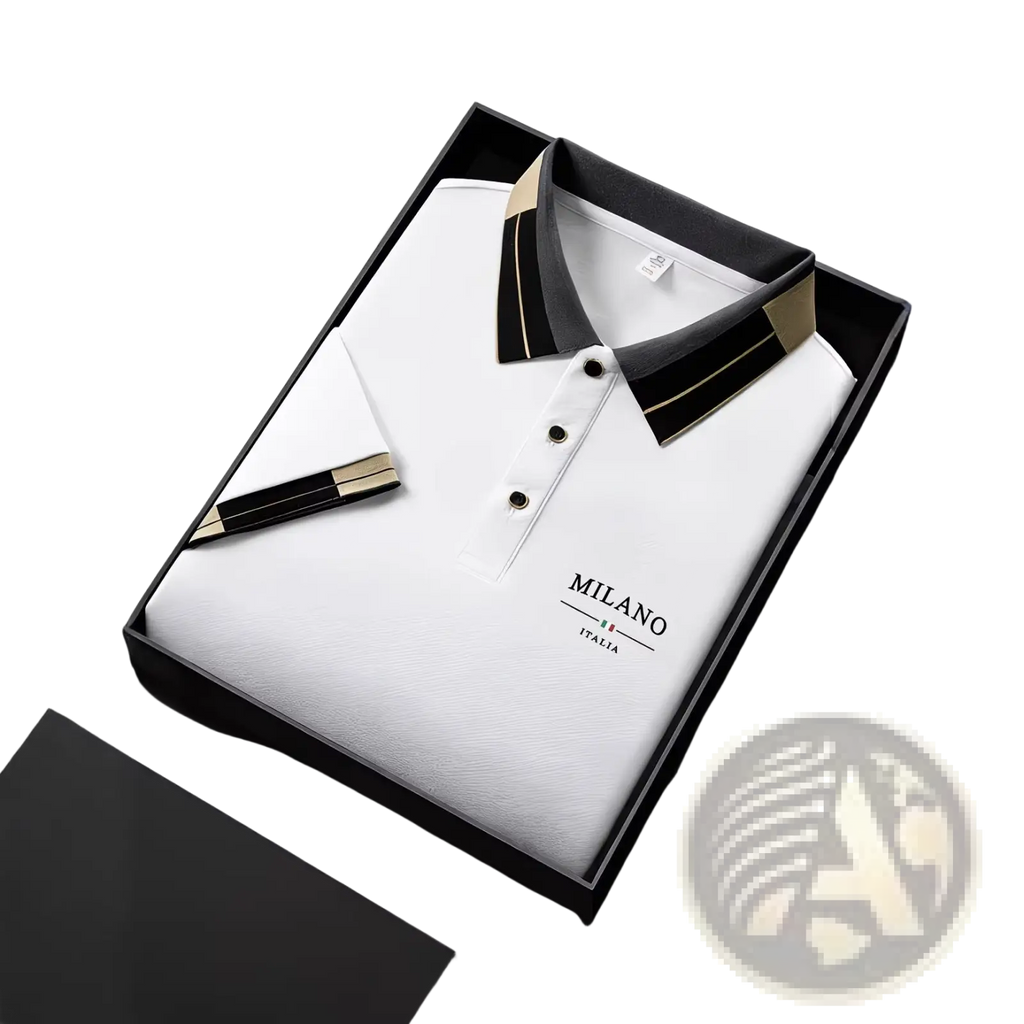 Mens slim fit striped polo shirt in white milano italia fabric with black and gold trim on collar and placket