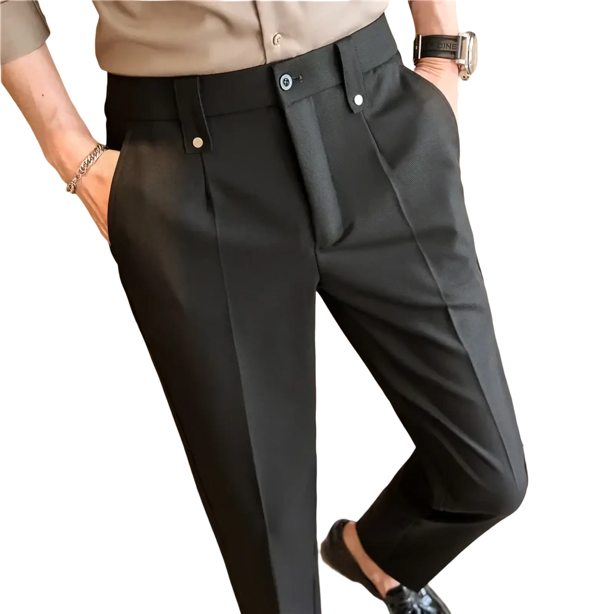 Mens slim fit suit pants in black tailored fabric with a sleek modern cut and subtle front pleats