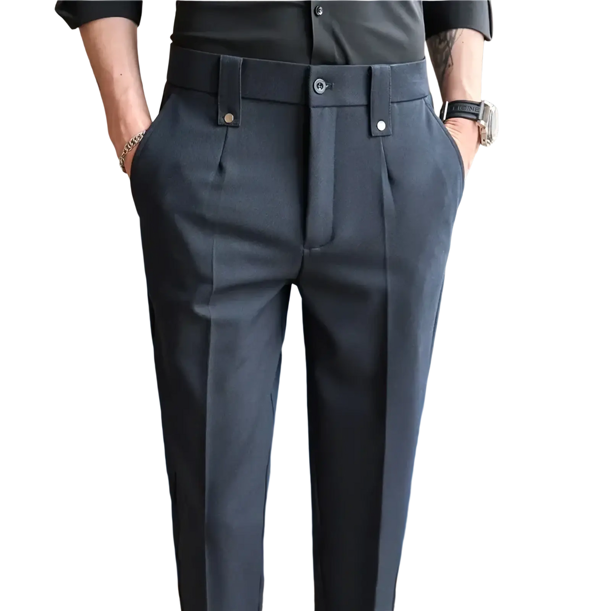 Mens slim fit suit pants in dark gray tailored fabric with sleek modern design and subtle front pleats