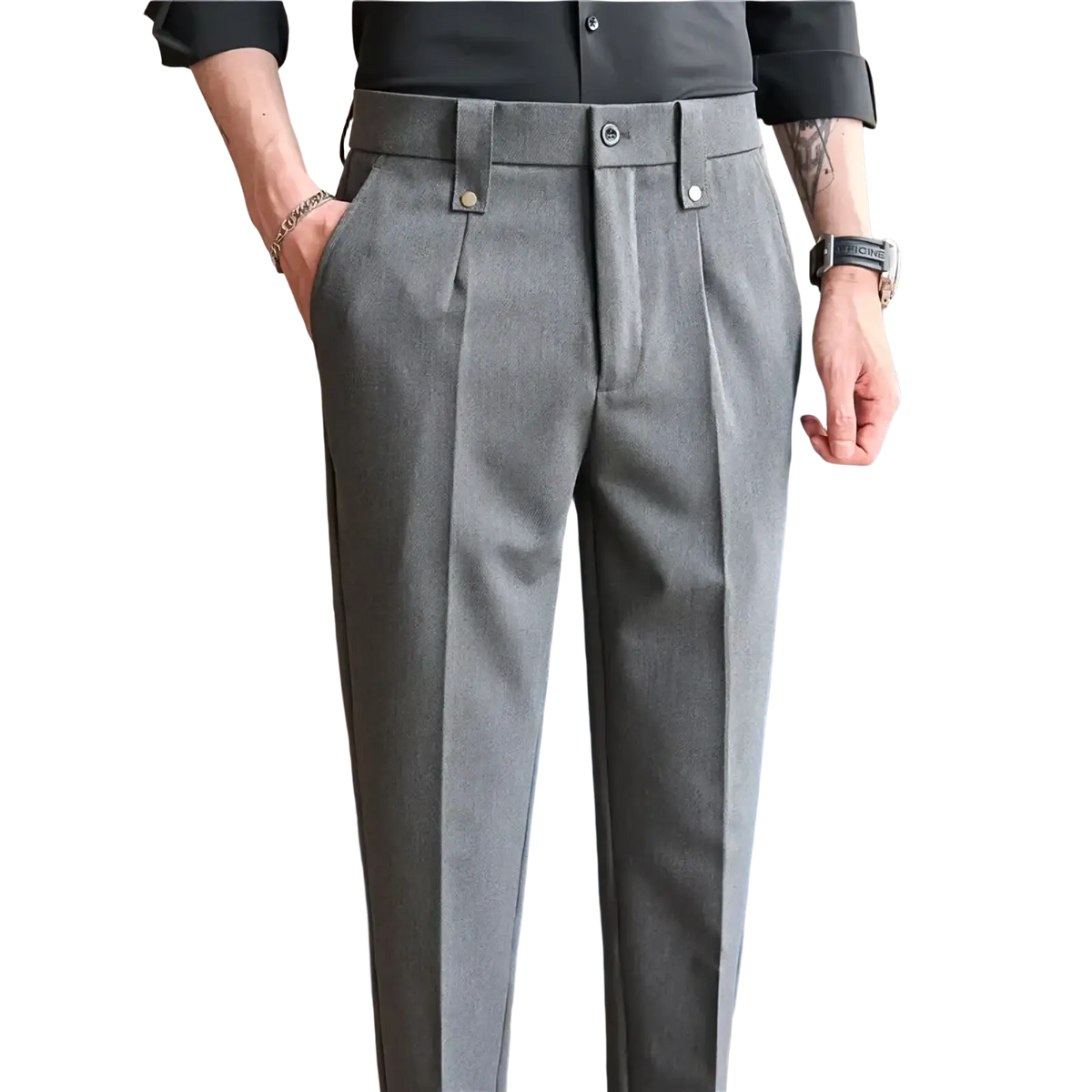 Mens slim fit suit pants in gray pleated wool with tailored fit and buttoned belt loops for formal wear