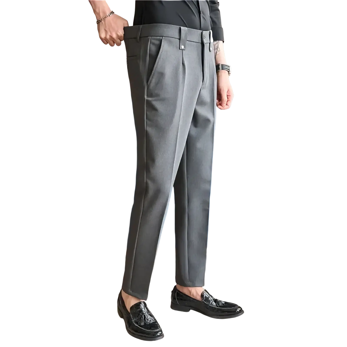 Gray mens slim fit suit pants featuring a modern cut with subtle pleats at the waistband