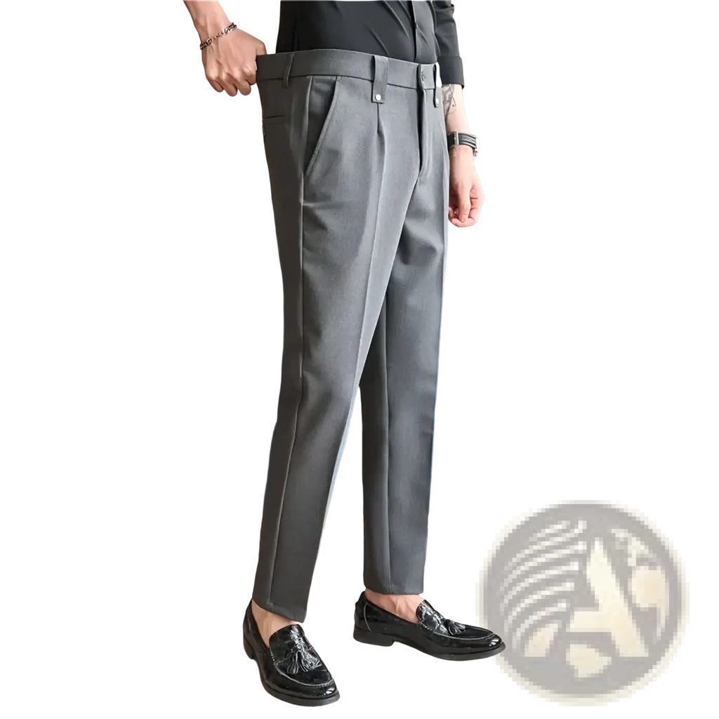 Gray mens slim fit suit pants featuring a modern cut with subtle pleats at the waistband