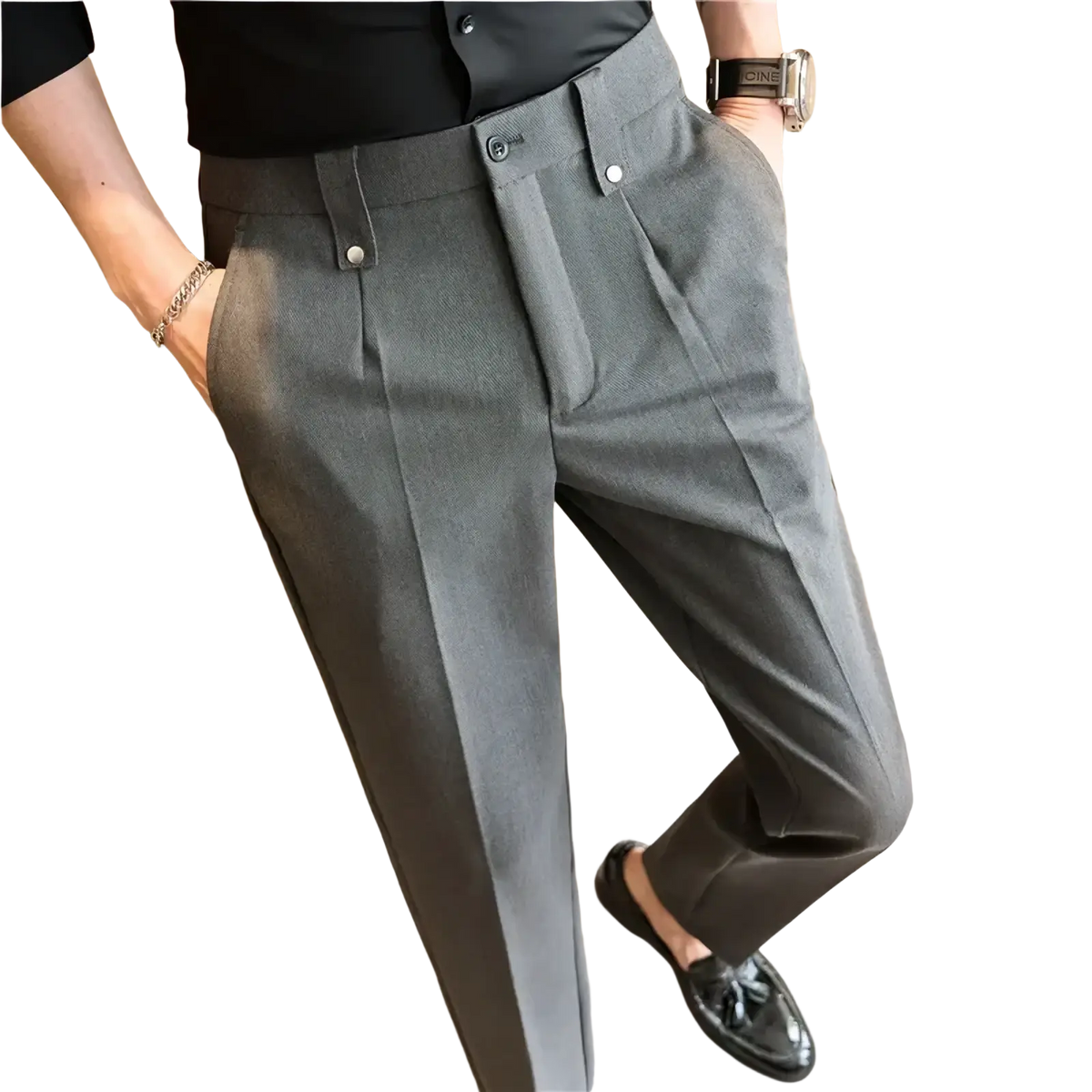 Mens slim fit suit pants in gray textured wool with tailored fit and buttoned belt loops
