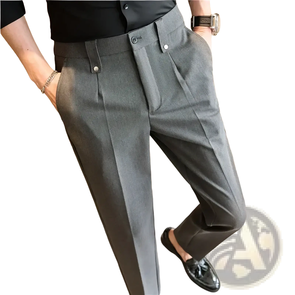 Mens slim fit suit pants in gray textured wool with tailored fit and buttoned belt loops