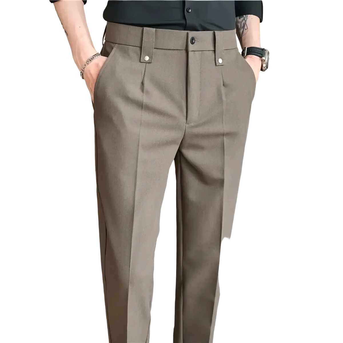 Mens slim fit suit pants in khaki color featuring tailored design and subtle front pleats for a modern look