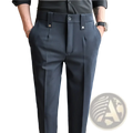 Mens slim fit suit pants in dark gray tailored fabric with sleek modern design and subtle front pleats