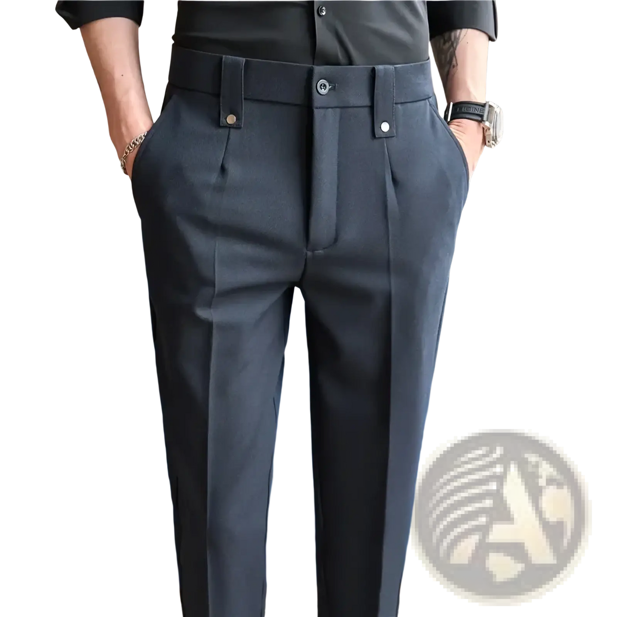 Mens slim fit suit pants in dark gray tailored fabric with sleek modern design and subtle front pleats