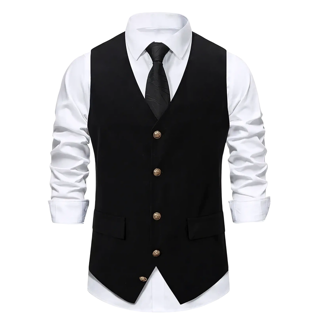 Mens slim fit suit vest black formal waistcoat with gold buttons and flap pockets worn over white dress shirt