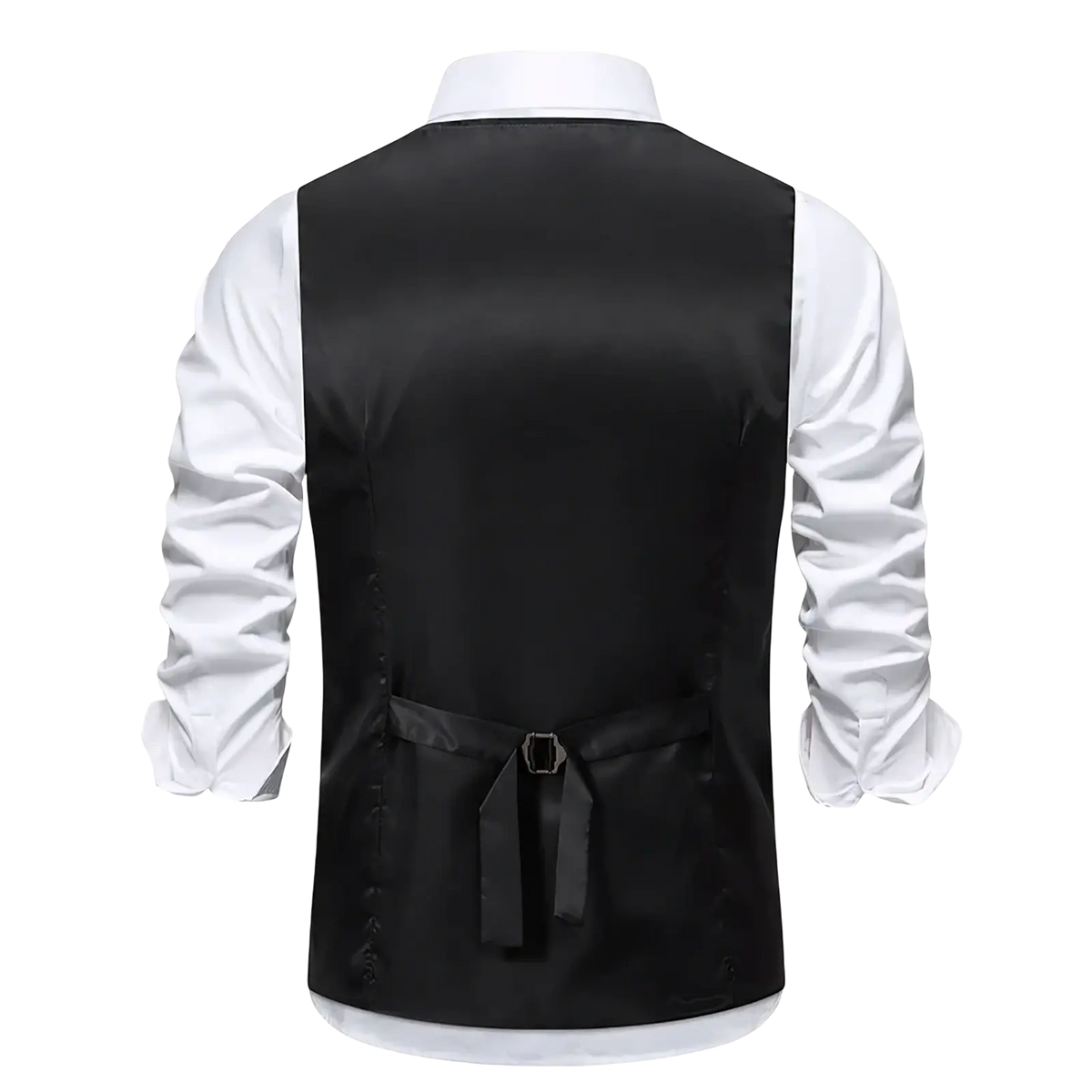 Black satin mens slim fit suit vest with sleek tailored fit and matching belt tied at the waist for formal business wear