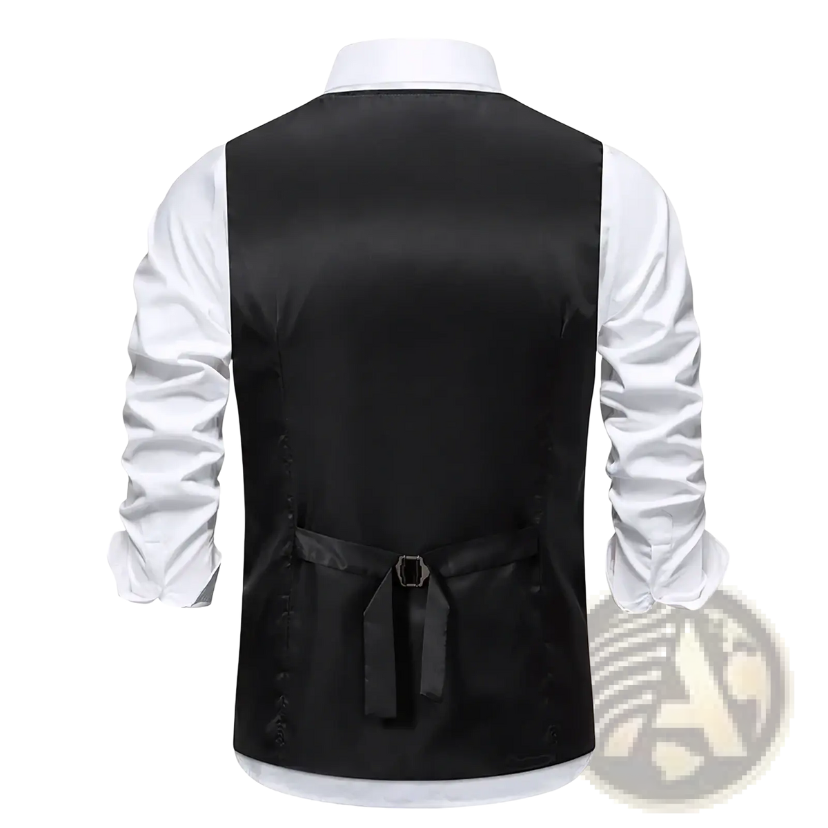 Black satin mens slim fit suit vest with sleek tailored fit and matching belt tied at the waist for formal business wear