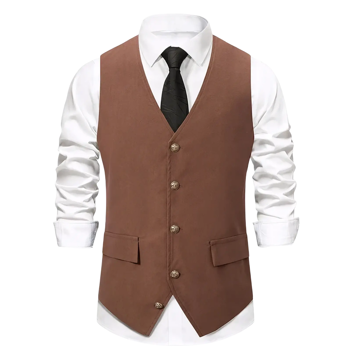 Mens slim fit brown suit vest with gold toned buttons and two front pockets for formal business wear
