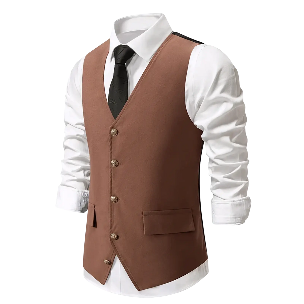 Mens slim fit suit vest brown with gold toned buttons and black trim along shoulders for formal business wear