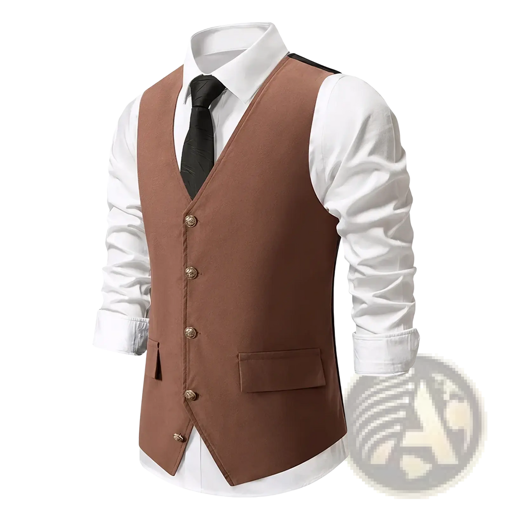 Mens slim fit suit vest brown with gold toned buttons and black trim along shoulders for formal business wear