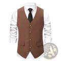 Mens slim fit brown suit vest with gold toned buttons and two front pockets for formal business wear