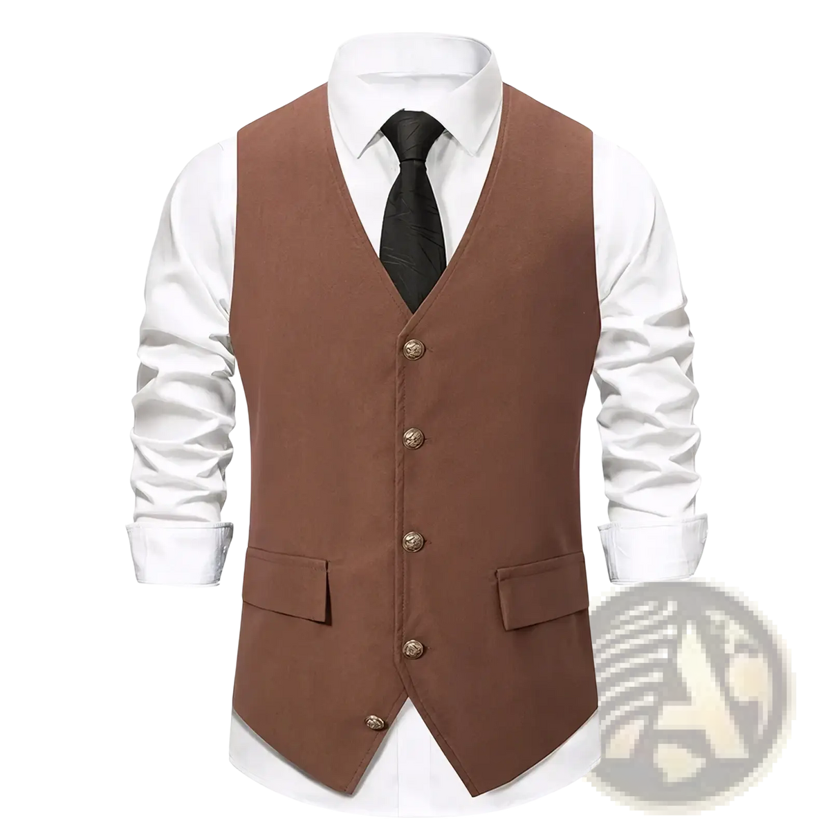 Mens slim fit brown suit vest with gold toned buttons and two front pockets for formal business wear